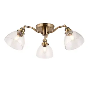 Luminosa Hansen Multi Arm Glass Semi Flush Ceiling Lamp, Antique Brass Plate, Glass