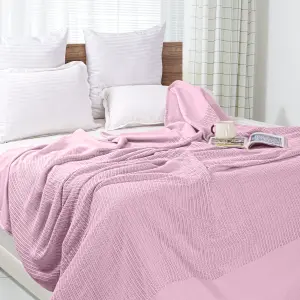 EHC Cotton Soft Hand Woven Reversible Lightweight Cream Pink Adult Cellular Blanket, Single 180 x 230cm