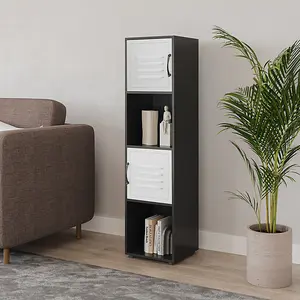 URBNLIVING 120cm Height 4 Cube Bookcase White  Metal Door Display Storage Unit Shelving Cupboard  Black