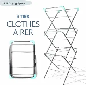 3-Tier Clothes Airer Rack with 20 Pegs & 12M Drying Space-Perfect for Indoor & Outdoor Drying