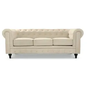 Velvet Chesterfield 3 Seater Sofa - Cream