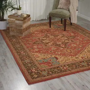 Rust Traditional Luxurious Wool Easy to Clean Bordered Geometric Rug For DiningRoom Bedroom And Living Room -178cm (Circle)