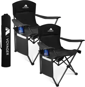 Voyager Folding Camping Chair 2-Pack, Lightweight with Pocket and Drinks Holder - Black