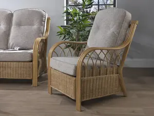 Desser Viola Light Oak Natural Rattan Conservatory Armchair Real Cane Indoor Wicker Chair with UK Sewn Cushion in Monarch Beige