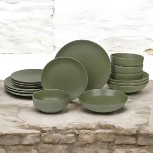 Queensway Home & Dining 26cm Diameter 16 Pcs Green Coloured Stone Ceramic Dinnerware Plates Pasta Bowls Set