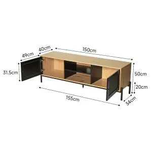 Oak and Rattan Effect TV  Stand Unit Cabinet with Double Doors