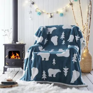 Polar Bear Sherpa Fleece Throw 130x170cm  Blue