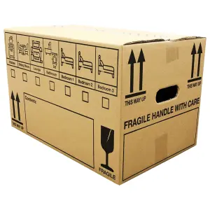 10 x Cardboard Storage House Moving Boxes 18x12x10" Packing Cartons With Carry Handles, Room List