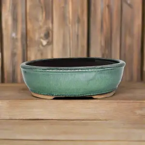 26cm Glazed Bonsai Pot - Oval - 26cm x 20cm x 8cm - Green