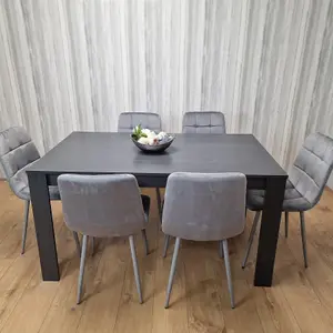 Dining Table and 6 Chairs  Black Dark Grey 6 Grey Velvet Chairs Wood Dining Set Furniture