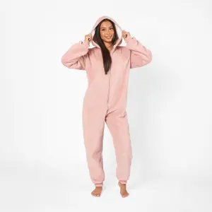 OHS Soft Fleece Onesie Hooded Loungewear Pyjamas, Blush - Small