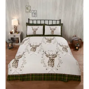 Stag & Wreath Winter Brushed Cotton Duvet Cover Set Green / Single Duvet Cover + 1 Standard Pillowcase