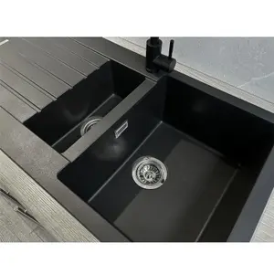 Liquida LG150BL 1.5 Bowl Granite Reversible Inset Black Kitchen Sink With Waste