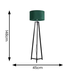 ValueLights Lottie Black Wood Tripod Floor Lamp with Forest Green Velvet Drum Shade