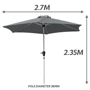 GlamHaus Tilting Garden Parasol Table Umbrella 2.7M with Crank Handle, UV40 Protection, Free Protection Cover - Dark Grey