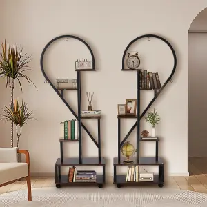 2 Pcs 6-Tier Brown Rustic Half Heart Shaped Plant Stand Display Shelf with 4 Casters 109cm (H)