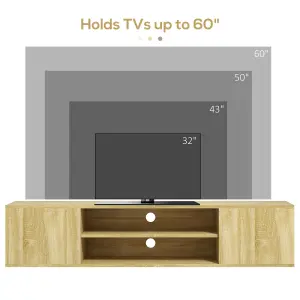 HOMCOM Floating TV Unit for 60" TVs W/ Shelves and Cabinets, Natural Wood Effect