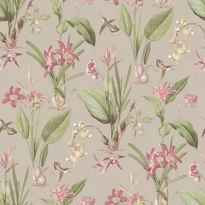 Galerie Secret Garden Taupe/Bright Botanical Floral Wallpaper Roll