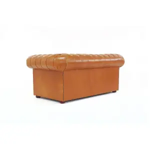 Chesterfield 2 Seater Buttoned Seat Sofa Old English Tan Real Leather In Classic Style