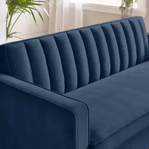 Furniturebox UK Velvet Sofa - 'Kit' 3 Seater Upholstered Navy Blue Fabric Sofa - Vertical Stitching - Modern Living Room Furniture