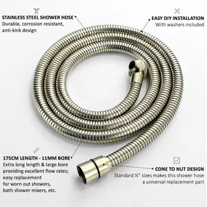 ENKI English Gold Flexi Stainless Steel Shower Hose Large Bore 1.75m