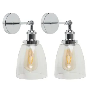 ValueLights Ezrah Pair of Retro Style Polished Chrome Adjustable Knuckle Joint Wall Lights with Clear Glass Shades