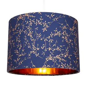 Modern Navy Blue Cotton Fabric 12 Lamp Shade with Copper Foil Floral Decoration