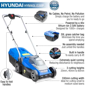 Hyundai 40V Lithium-Ion Cordless Battery Powered Roller Lawn Mower 33cm Cutting Width With Battery and Charger HYM40Li330P