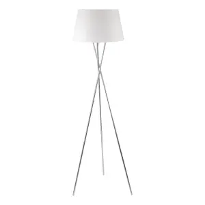 First Choice Lighting Chrome Twist Tripod Floor Lamp with White Fabric Shade