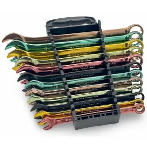 Autojack 12 Piece Spanner Set Multi Coloured Combination Wrench 8mm - 19mm Includes Storage Rack