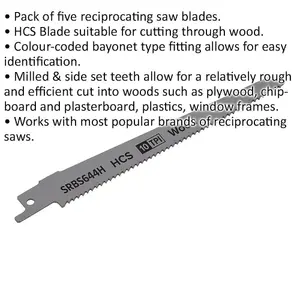 5-Pack 150mm HCS Reciprocating Saw Blades with 10 TPI for Wood Cutting