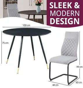 Hallowood Furniture Finley Small Round Dining Table in Black Finish with 2 High Back Light Grey Fabric Chairs