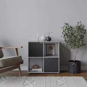 URBNLIVING 61cm Height Grey Wooden Cube Bookcase with Black Line Door Display Shelf Storage Shelving Cupboard