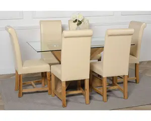 Valencia 160 cm x 90 cm Glass Dining Table and 6 Chairs Dining Set with Washington Ivory Leather Chairs