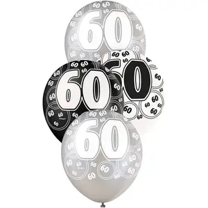 Unique Party Latex Glitz 60th Birthday Balloon (Pack of 6) Black/Silver/White (One Size)