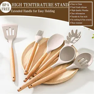 Kitchen Cooking Utensils Set, 24 Pcs Non-Stick Silicone Cooking Kitchen Utensils Spatula Set With Holder, Wooden Handle Heat Resistant Silicone Kitchen Gadgets Utensil Set (Khaki)