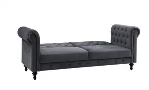 Calgary Velvet Sofa Bed Chesterfield Style 3 Seater Sofa Button Design, Dark Grey