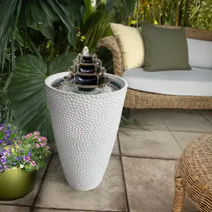 White Pirene Water Feature Fountain with Bronze Tiered Cascade & Mindfulness Pebbles