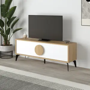 Decortie Gora Modern TV Unit Oak, White 140(W)cm with 2 Door Flap Stay Storage TV Cabinet Entertainment Metal Legs