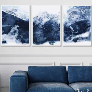 Set of 3 Abstract Navy Blue Mountains Wall Art Prints / 50x70cm / White Frame