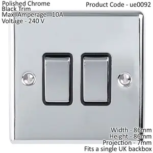 2 Gang Double Light Switch POLISHED CHROME 2 Way 10A Black Trim & Metal Rocker