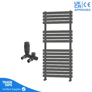 Designer Delta Anthracite Flat Panel Towel Radiator Heated Ladder Rail - 1106 x 500mm - Corner TRV Valve Pair