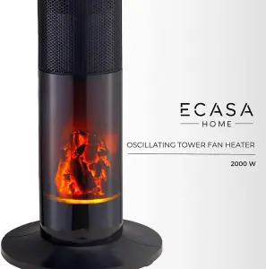 ECASA Oscillating Tower Fan Heater  2000W  LED Flame Effect & Digital Control Remote Built-in Thermostat Plug Black