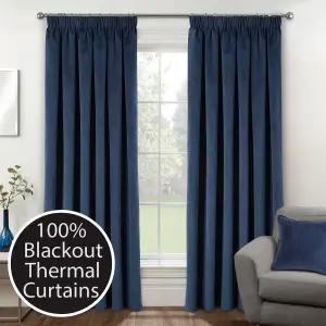 Luxury Enhanced Living Navy Velvet, Supersoft, 100% Blackout, Thermal Pair of Curtains with Tape Top - 66 x 72 inch (168x183cm)