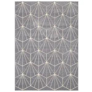 Modern Easy to Clean Geometric Optical 3D Grey Rug for Dining Room-200cm X 285cm