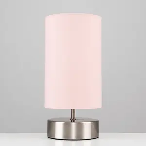 ValueLights Francis Pair of Francis Satin Touch Dimmer Bedside Table Lamps with Pink Cylinder Light Shades