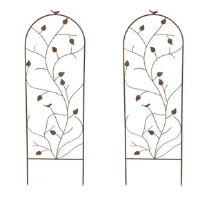 Metal Garden Trellises Plant Climbing Rose Supports 120cm Rust Effect Bird & Leaf Set of 2