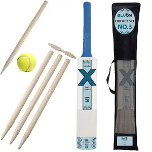 BLUOM Size 3 Cricket Set in Mesh Carry Bag With Cricket Bat, Ball, 4 Stumps, Bails & Bag Kids Cricket Sports Training Set Outdoor