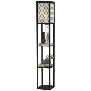 HOMCOM Modern Floor Lamp Light w/ 4-tier Storage Shelves Fabric Lampshade Black