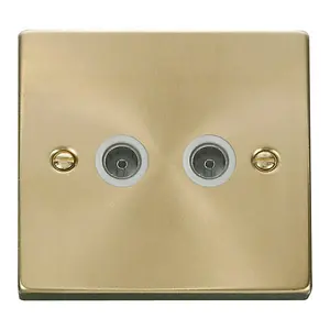 Satin / Brushed Brass 2 Gang Twin Coaxial TV Socket - White Trim - SE Home